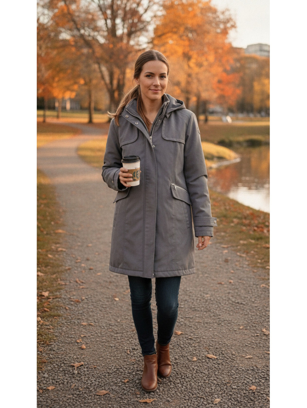 Women s Gray Hooded Waterproof Parka Jacket with Zipper and Snap Button Closure
